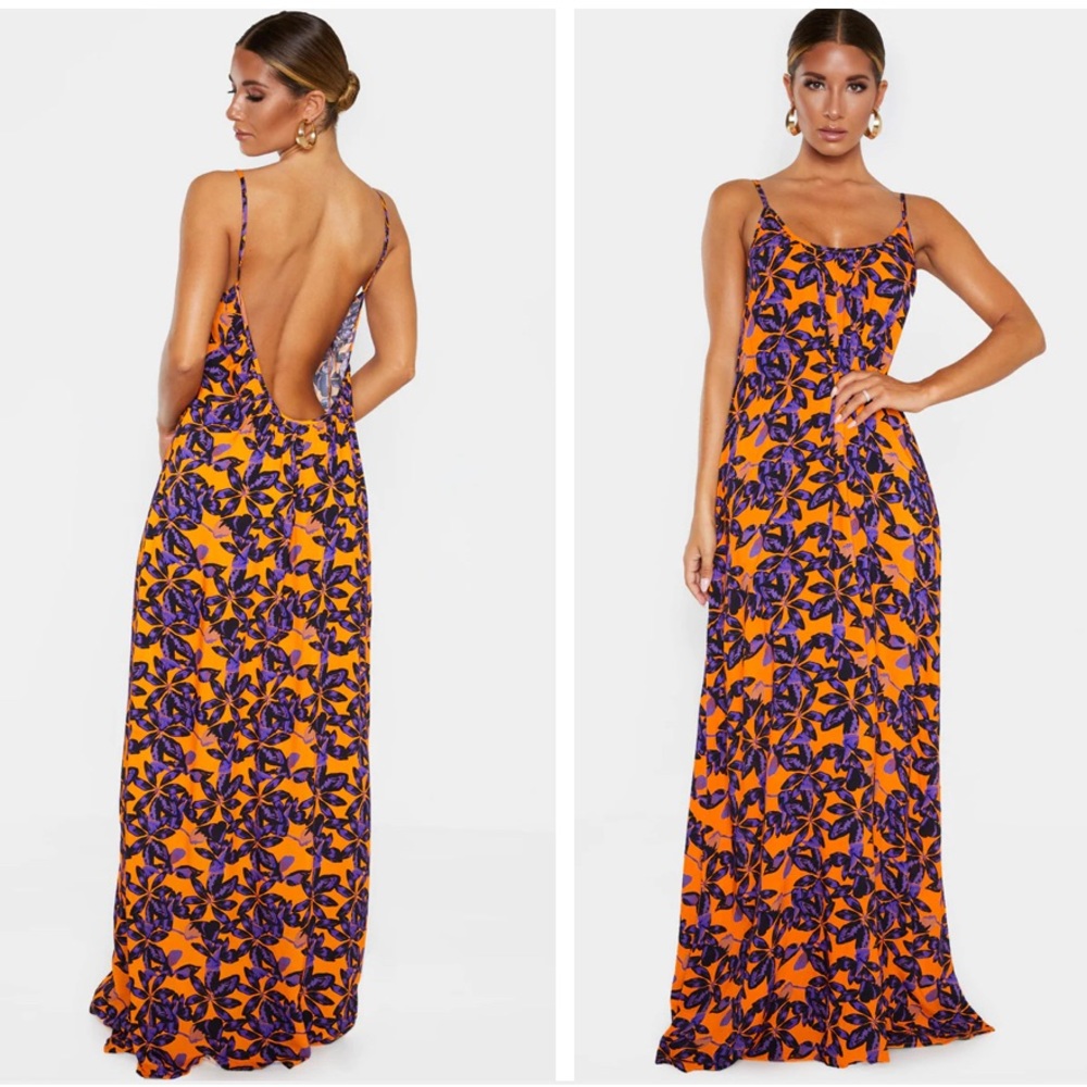 Pretty Little Thing Orange Shadow Leaf Low Back Oversized Maxi Beach Dress S 4 M